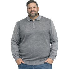 Battal Moda Erkek Büyük Beden Gri Polo Yaka Fermuarlı Triko Kazak 5xl-6xl-7xl-8xl
