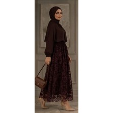 Luniva Butik Kadın Çiçek Desenli Piliseli Tül Etek – Lastikli Uzun Etek