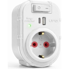 Renas Store Ufo Yeni Tekli Akım Korumalı Priz, 5V 2,4A USB ve Type-C ile Hızlı Şarj, Anahtarlı Topraklı Priz, Sürekli Koruma, 16 A 250 V, Max 3500 W Aşırı Yük Koruması, Beyaz Renk