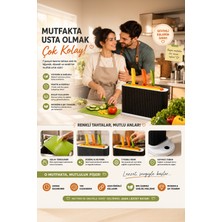 Porsima 1074 Standlı Bıçaklı Çoklu Kesim Doğrama Tahtası - 7 Parça Plastik Et Sebze Kesme Tahtası Seti - Siyah Beyaz