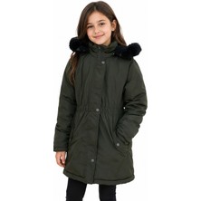 İrem Çocuk Giyim Kız Çocuk Haki Beli Lastikli Kapüşonu Kürklü Kol Ucu Ribanalı Fermuar Çıtçıt Kapamalı Midi Boy Mont