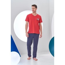 Pjs 24307 Erkek Bordo V Yaka Yelken Baskılı Kısa Kol Pijama Takımı