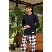 Kly 8058 Erkek Sıfır Yaka Ekose Uzun Kollu Pijama Takım