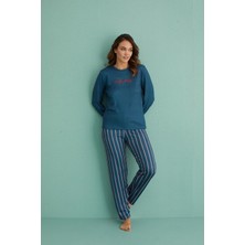 Gd Goldoremi 14102-4 Kadın Lazy Day Kadife Uzun Kol Çizgili Termal Pijama Takım