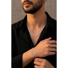 Silvera Telkari 925 Ayar Gümüş Erkek Kolye ve Bileklik 4 mm Figaro Zincir Set ST421