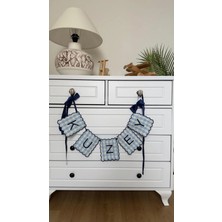 Tly Home Textiles Kişiye Özel Nakışlı Harfli Banner / Flama / Kapı Süsü / Isimlik Mavi Pötikare