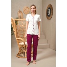 Pjs 25144 Premium Kadın V Yaka Boydan Düğmeli Rahat Kısa Kollu Pijama Takım