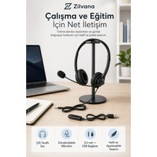 Zilvana Mikrofonlu Kablolu Bilgisayar Kulaklığı – 3,5 mm Jack ve Çıkarılabilir USB Adaptörlü, Çift Kulaklı, Ayarlanabilir Ofis ve Eğitim Kulaklığı Siyah