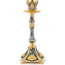 Rasha Collection Lacivert ve Altın Renk Işlemeli Ayaklı Dekoratif Şamdan 28 cm