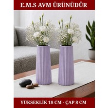 E.M.S 2 Adet Lila Renk Uzun Büyük Boy Çizgili Vazo Bohem Uzun Vazo Iskandinav Tarz Vazo 18 x 8 Cm.