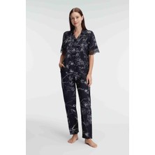 Anıl 9895 Yarım Kollu V Yaka Kadın Viskon Çiçek Desenli Yazlık Dokuma Dantel Detaylı Pijama Takımı