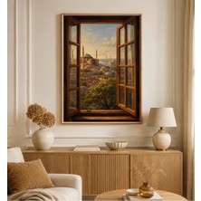 Rdekor Ahşap Çerçeveli Pencere Manzaralı Istanbul Temalı Dekoratif Duvar Tablosu - R0045
