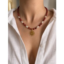 Sun Jewellery Gerçek Inci ve Doğal Mercan Taşlı Güneş Figürlü Çelik Kolye