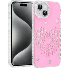 Ceponya iPhone 15 Kılıf Damla Taşlı Kalp Desenli Rivas Sert Pc Kapak