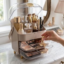 Renas Store Premium Çekmeceli ve Kapaklı Taşınabilir Makyaj ve Kozmetik Düzenleyici, Pembe ve Milky Coffee Renk Seçenekleri, Altın Aksesuarlı (Sütlü Kahve)