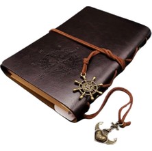 Renas Store Senon Retro Vintage Pusula Baskılı Çapa ve Dümen Kolye Uçlu Deri Kapaklı Günlük Not Defteri Denizci Defter Özel Tasarım Hediyelik Siyah