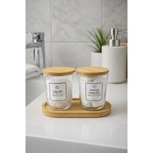 Fhilli Marlin - 2'li Bambu Kapaklı Standlı Banyo Cam Kavanoz Seti Dekoratif Banyo Düzenleyici 315 cc