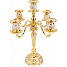 Rasha Collection 5 Kollu Altın Kaplama Işlemeli Dekoratif Şamdan 37 cm