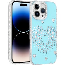 Ceponya iPhone 14 Pro Max Kılıf Damla Taşlı Kalp Desenli Rivas Sert Pc Kapak