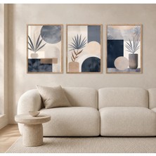 Rdekor Ahşap Çerçeveli 3'lü Modern Geometrik Botanik Desenli Dekoratif Duvar Tablosu - R0033