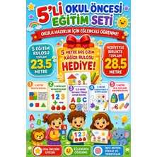Haydi Dekor 5’li Okul Öncesi Eğitim Rulosu Seti + 5 Metre Hediye Boş Çizim Rulosu – Toplam 28,5 Metre Mantık, Matematik, Hayvanlı Türkçe Alfabe, Okul Eşyaları ve Karışık Etkinlik Seti