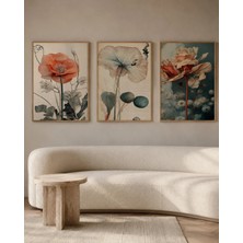 Rdekor Ahşap Çerçeveli 3'lü Vintage Gelincik Çiçeği Duvar Tablosu Seti - R0019