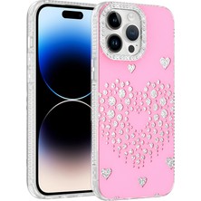 Ceponya iPhone 14 Pro Max Kılıf Damla Taşlı Kalp Desenli Rivas Sert Pc Kapak