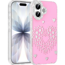 Ceponya iPhone 16 Kılıf Damla Taşlı Kalp Desenli Rivas Sert Pc Kapak