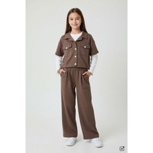 Cansın Mini Kahverengi Kız Çocuk Kısa Kol Ceketli Badili Bol Paça Pantolonlu 3lü Alt Üst Takım 24770