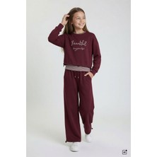 Cansın Mini Bordo Kız Çocuk Çizgili Croplu Sweatshirt 3lü Geniş Paça Eşofman Takımı 24778