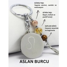 Biuti Aslan Burcu Doğal Taşlı Çelik Burç Anahtarlık, Kaplan Gözü, Sitrin ve Güneş Taşı