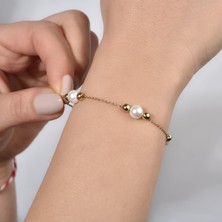 Nox Jewelry 14 Ayar Altın Kaplama Doğal Tatlı Su İncili Gümüş Bileklik- CBP00159