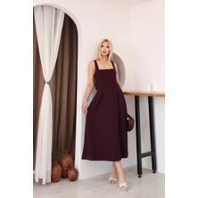 Moda Leyra Kadın Kare Yaka Midi Kolsuz Pileli Şık Yazlık Elbise Terletmez Modal Kumaş