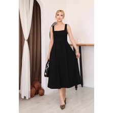 Moda Leyra Kadın Kare Yaka Midi Kolsuz Pileli Şık Yazlık Elbise Terletmez Modal Kumaş
