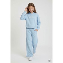 Cansın Mini Mavi Kız Çocuk Çıtçıt Detaylı Kabartmalı Sweatshirt Geniş Paça 2li Eşofman Takımı 24763