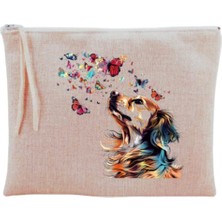 Renas Store Köpek ve Kelebek Baskılı Makyaj Çantası Bej, LH78923642190123123