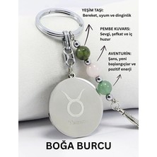 Biuti Boğa Burcu Doğal Taşlı Çelik Burç Anahtarlık, Pembe Kuvars, Yeşim ve Aventurin