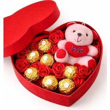 Renas Store Sevgiliye Hediye, Kırmızı Kalp Kutu Içinde Ferrero Rocher Çikolata, Çiçekler ve Sevimli Ayıcık, Yıldönümü & Doğum Günü Hediyesi