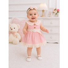 Bubiee Baby Kız Bebek Pembe Keten Güpür Dantelli Kemerli Doğum Günü Özel Gün Elbise