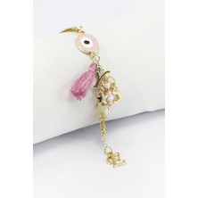 Biuti Pembe Nazar Boncuğu Gold Renkli Dört Harfli Püsküllü Araba Dikiz Ayna Süsü /aile Araba Hediyesi