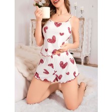 Kadın Beyaz Kalp Desenli Şortlu Gecelik Pijama Takımı 5052