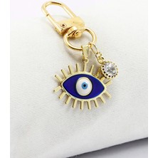 Biuti Kirpikli Nazar Boncuğu Tek Taş Gold Renkli Klipsli Cüzdan Süsü Charm Çanta Süsü Anahtarlık
