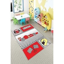 Renas Store Pelangi Gri F1 Ralli Desenli Yıkanabilir Kaymaz Taban Leke Tutmazbebek ve Çocuk Odası Halısı, Gri-Kırmızı 100 x 500