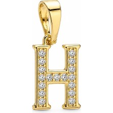 Zeino H Harfi Zirkon Taşlı Minimal Kolye Ucu  - 14K Altın Kaplama - 6 x 17 mm