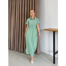 Moda Leyra Kadın Kemerli Gömlek Yaka Midi Elbise Kısa Kollu Poplin Terletmez Kumaş