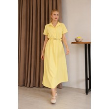 Moda Leyra Kadın Kemerli Gömlek Yaka Midi Elbise Kısa Kollu Poplin Terletmez Kumaş