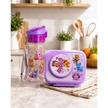 A&A Çocuk Beslenme Kutusu ve Pipetli Suluk Seti – 3 Bölmeli Lunch Box, 500 ml Sızdırmaz Matara, Mor Kedi ve Köpek Desenli