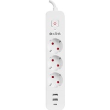 Renas Store S-Link SPG03TC 2 USB +1type C 5V2.4A 1.5m 3X1.00MM 100% Bakır 750 Joule 3 Lü Anahtarlı Akım Korumalı Beyaz Priz