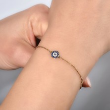 Nox Jewelry 14 Ayar Altın Kaplama Mavi Beyaz Taşlı Nazar Gümüş Bileklik - CBS00120