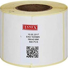 Tanex Barkod Etiketi Termal Eco 58X40 Mm 40 Mm Çap 600 Lü 1 Li (16 Lı Paket)
